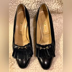 Vintage Gucci Black Leather and Suede Fringe Horsebit Heels
